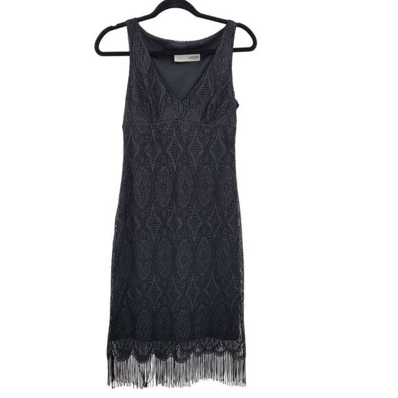 80s Necessary Objects Flapper Dress S Black Midi Lace Overlay Scallop Fringe Hem - Picture 6 of 10